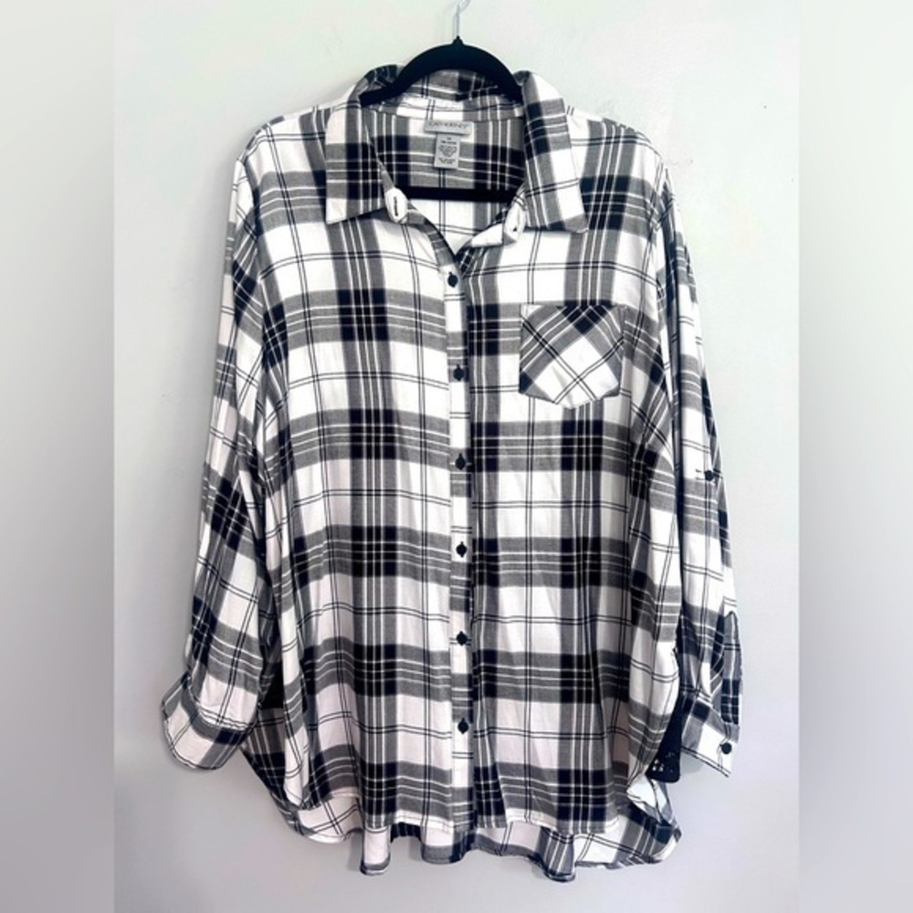 Catherines Plaid Button Down Tunic Shirt Flip Cuffs Lace Accents Sz 1X Classic
